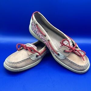 Sperry Top Sider Tan Red Paisley Sequin Print Boat Shoes Womens Size 10M 9102476